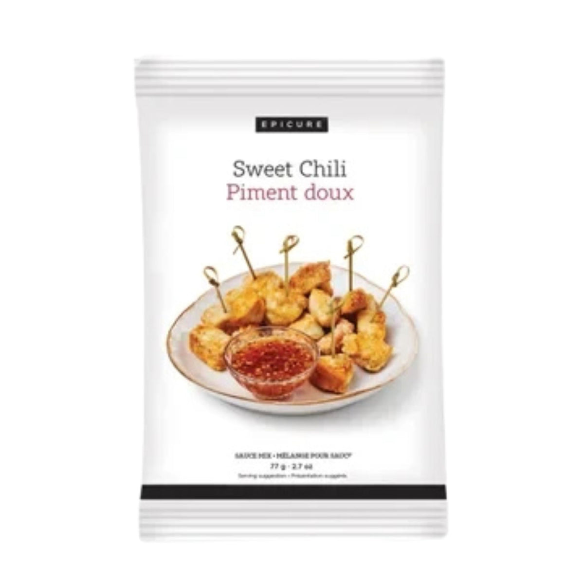 A single packet of Epicure Sweet Chili Piment doux sauce, featuring a white package with a photo of golden fried appetizers and a small bowl of red chili sauce on the front.