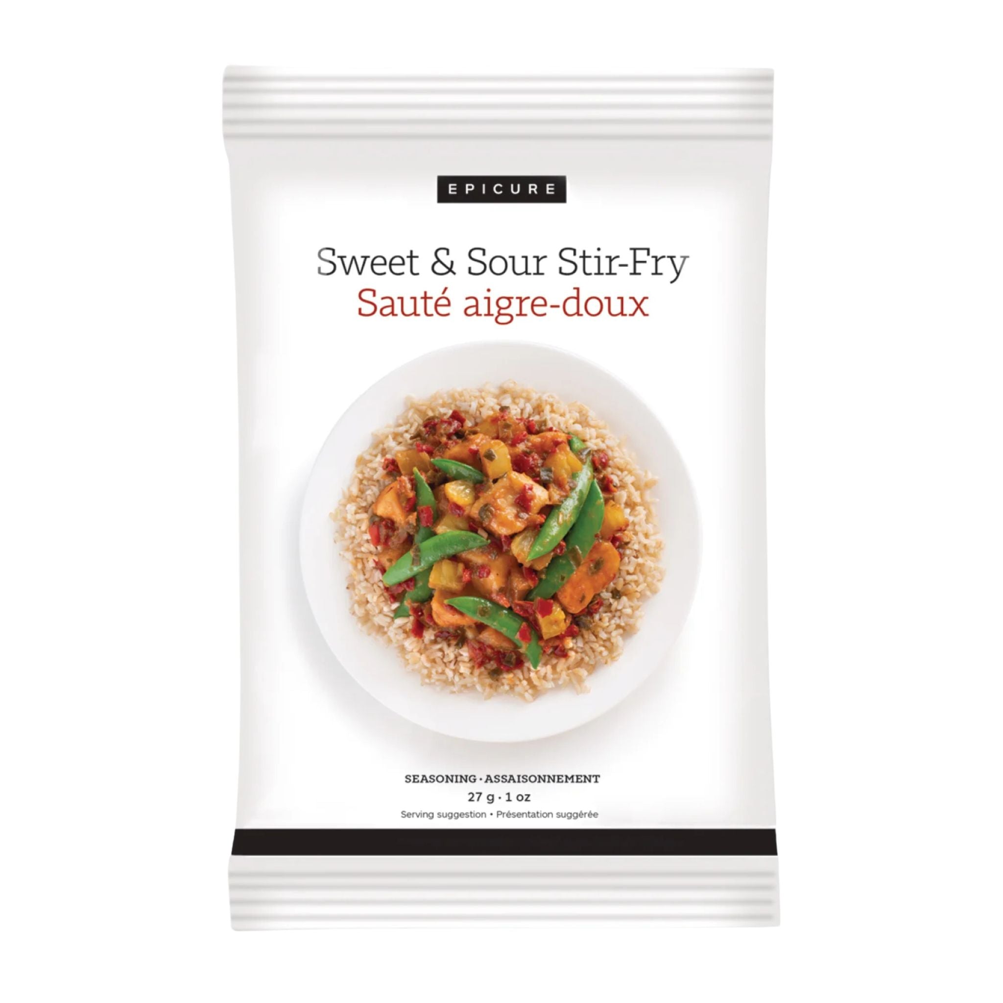 A white stand-up pouch of Epicure Sweet & Sour Stir-Fry seasoning, featuring a photo of the prepared dish in a bowl on the front, set against a plain white background.
