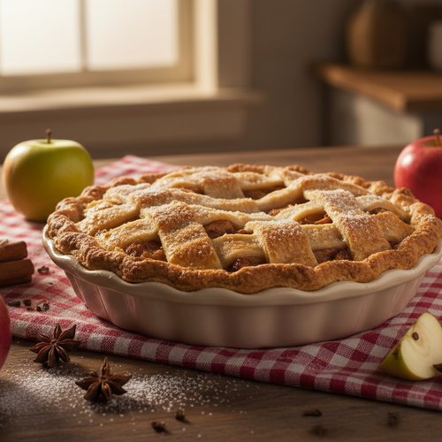 A baked apple pie with a lattice crust sits on a red-and-white checkered cloth on a wooden table, surrounded by whole and sliced apples, cinnamon sticks, and star anise in a warm kitchen setting.