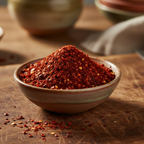 A small mound of ground aleppo pepper sits in a shallow ceramic bowl on a rustic wooden cutting board, with scattered flakes around it and blurred kitchen items in the background.