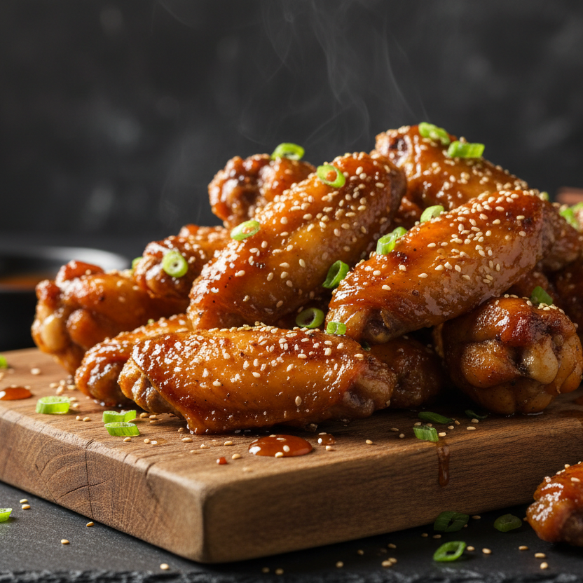 A pile of glazed chicken wings topped with sesame seeds and chopped green onions, served on a wooden cutting board with a dark background.