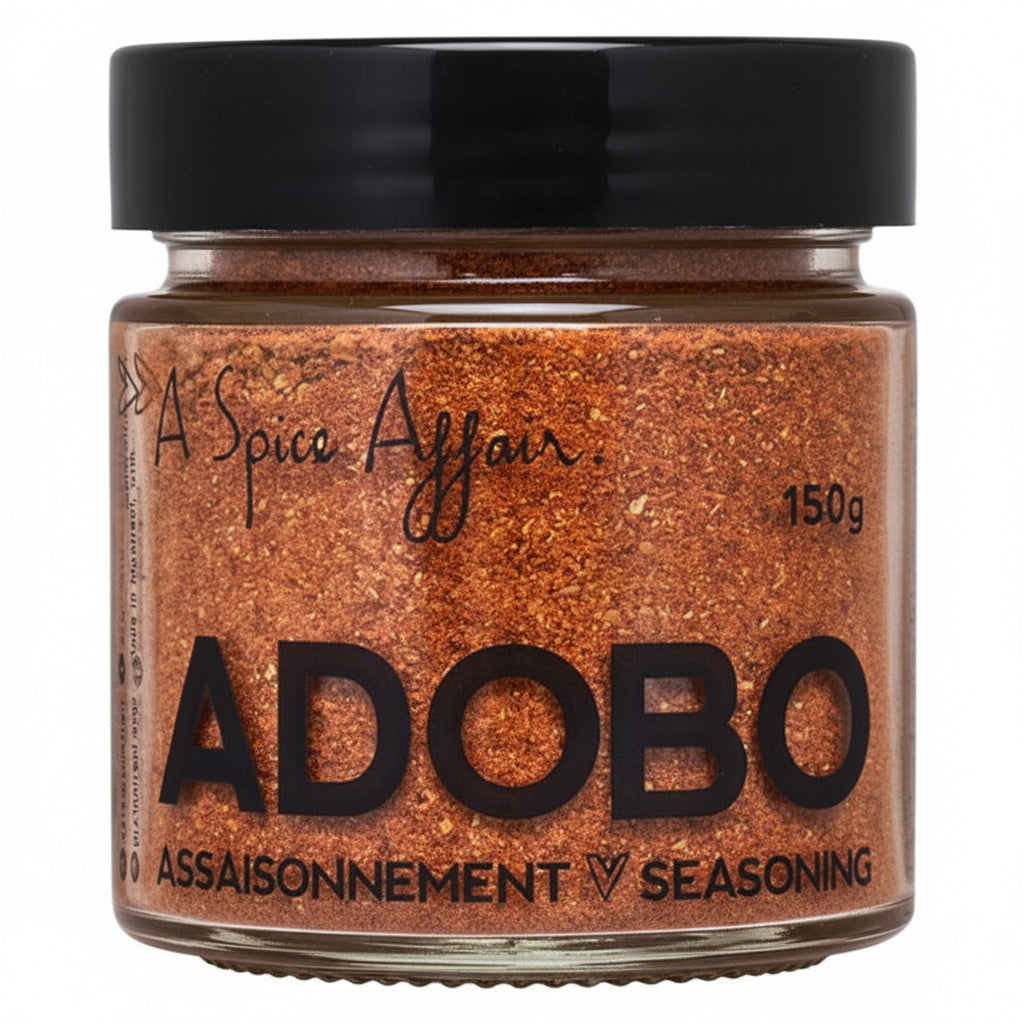 150gm jar of Adobo seasoning with 'A Spice Affair' branding on a white background