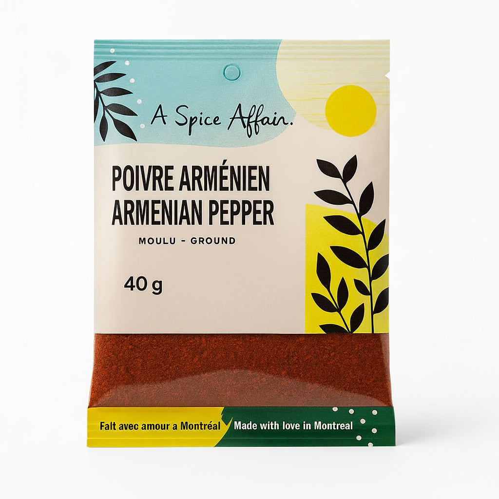 Package of ground Armenian pepper with A Spice Affair branding on a white background