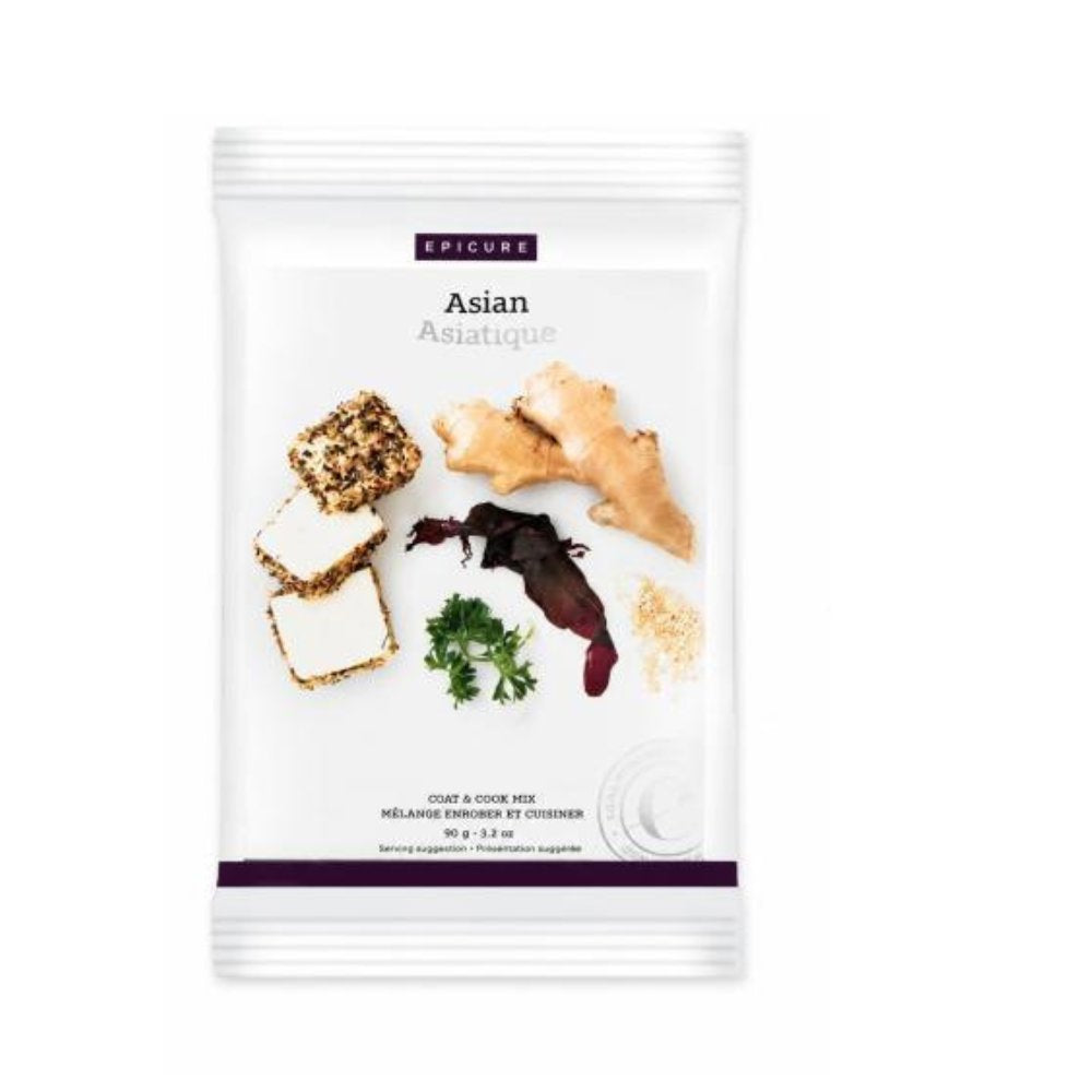 A white pouch of Epicure Asian Cook and Coat mix, featuring illustrations of ginger, tofu, herbs, and spices on the front.