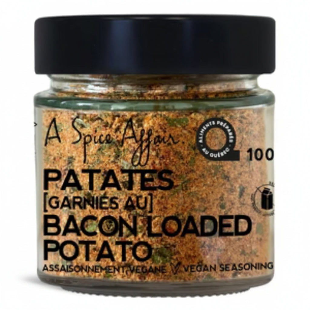 A 100 gm jar of Bacon Loaded Potato' seasoning with A Spice Affair branding