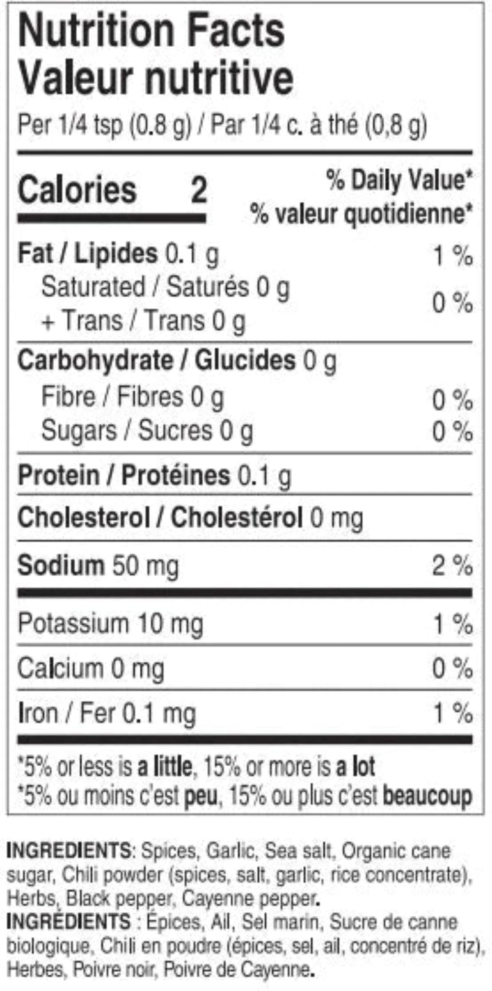 Nutrition facts label for Epicure BBQ Chicken & Rib Rub