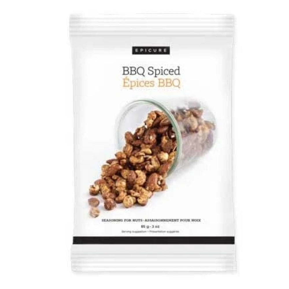 Packaged BBQ spiced nuts with 'Epicure' branding on a white background