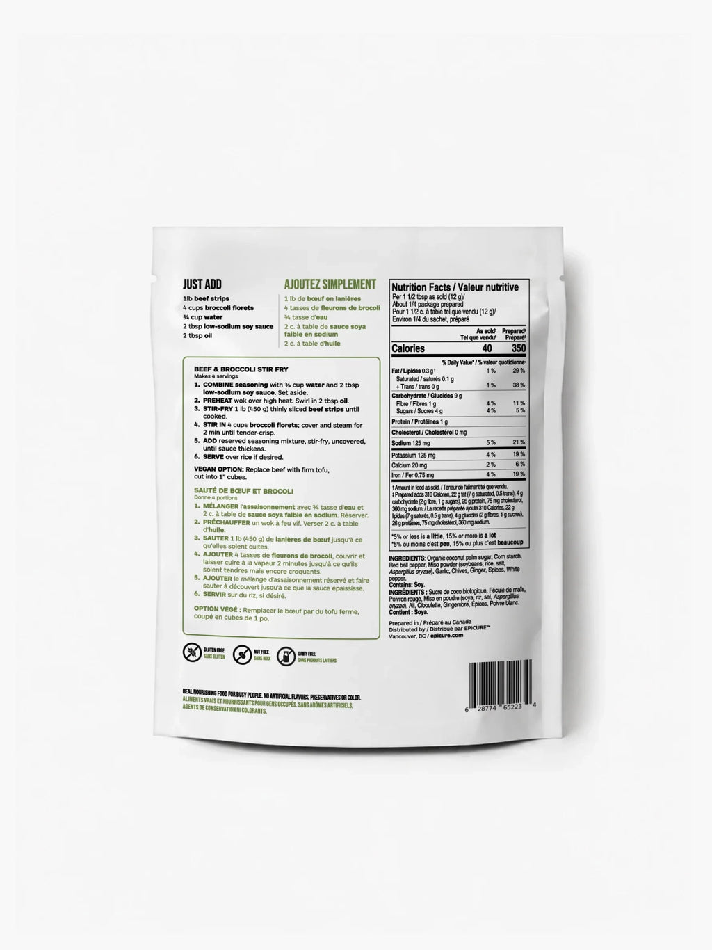 Beef & Broccoli Stir Fry Seasoning package back showing preparation instructions, recipe directions, nutrition facts, ingredients, and barcode