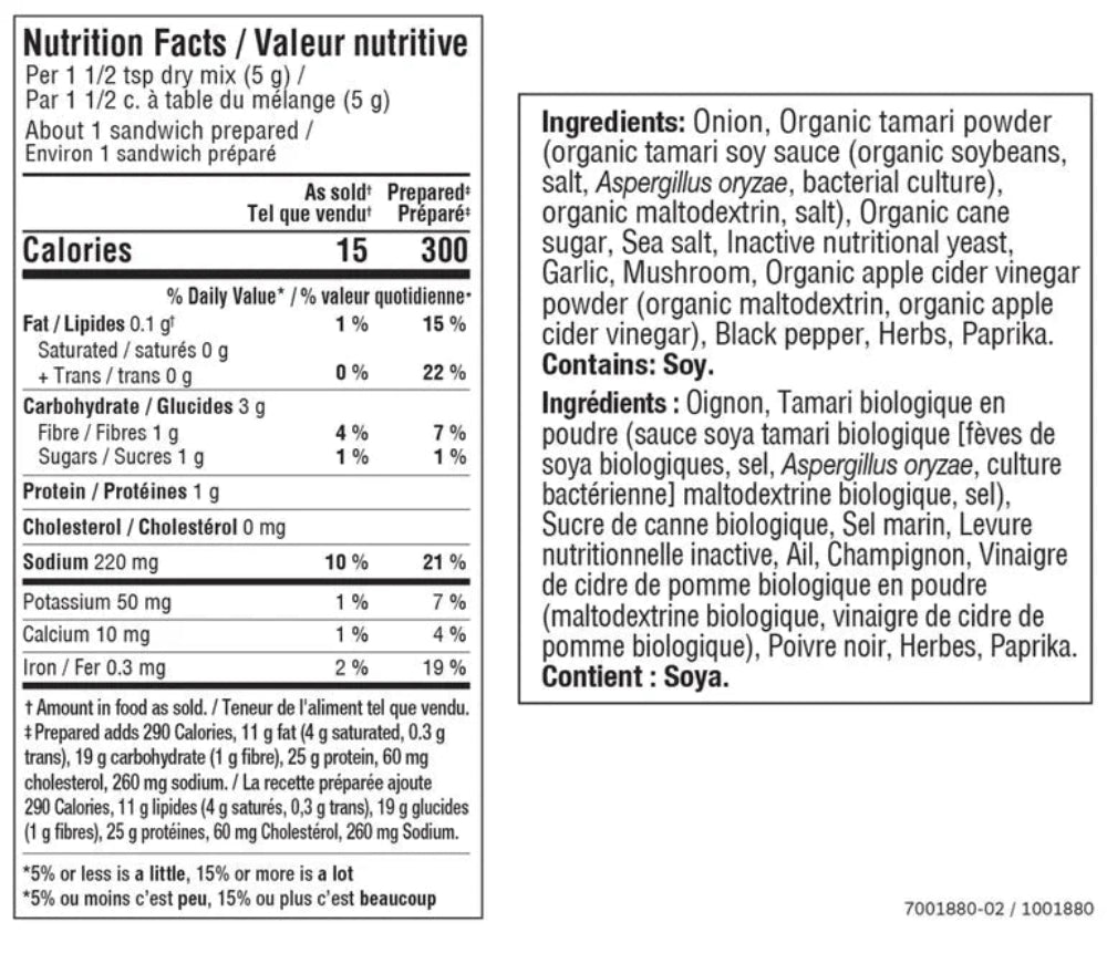 Nutrition facts label and ingredients list for Epicure Beef Dip Seasoning