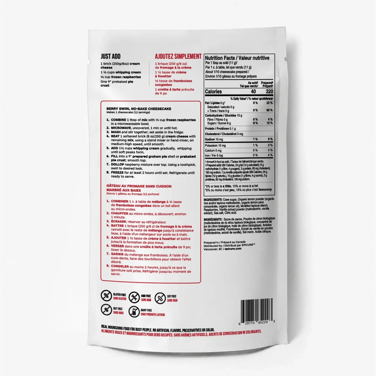 The back of a package of Epicure Berry Swirl No-Bake Cheesecake Mix by Epicure featuring instructions and nutritional information.