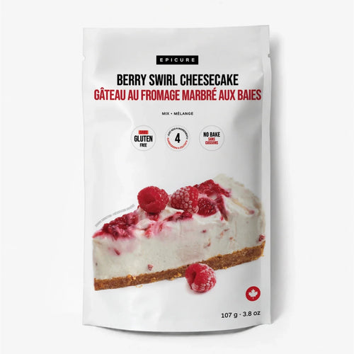 Berry Swirl No-Bake Cheesecake Mix package featuring a creamy berry swirled cheesecake slice topped with raspberries and a golden crumb crust