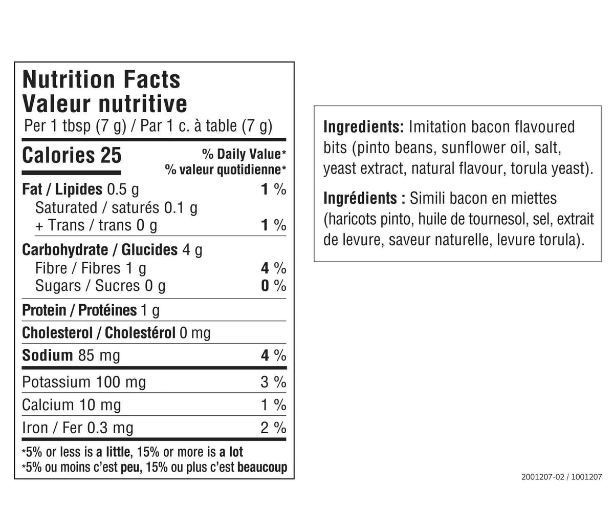 Nutrition facts for  Better Than Bacon Topper Epicure 