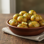 Bowl of steamed white potatoes basted with butter and dill weed on a white napkin on a butcher block countertop