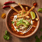 A top-down view of a bowl of hot tortilla soup with tortilla chips, avocado, sour cream, and lime on a rustic wooden table, surrounded by spices and cilantro.