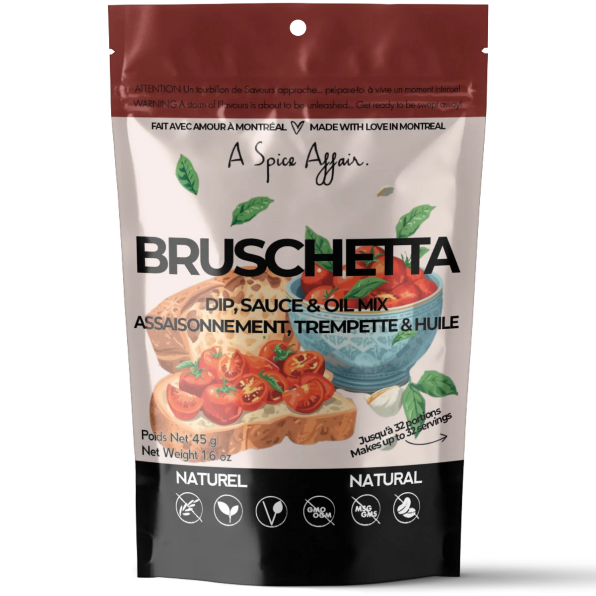 The front of a package of A Spice Affair Bruschetta dip, sauce, and oil mix packaging with branding and product images on a white background.