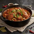 A cast iron pot filled with a rich, steaming chicken and vegetable stew, garnished with fresh parsley and red pepper flakes, set on a beige cloth over a dark surface with scattered bay leaves and red chilies.