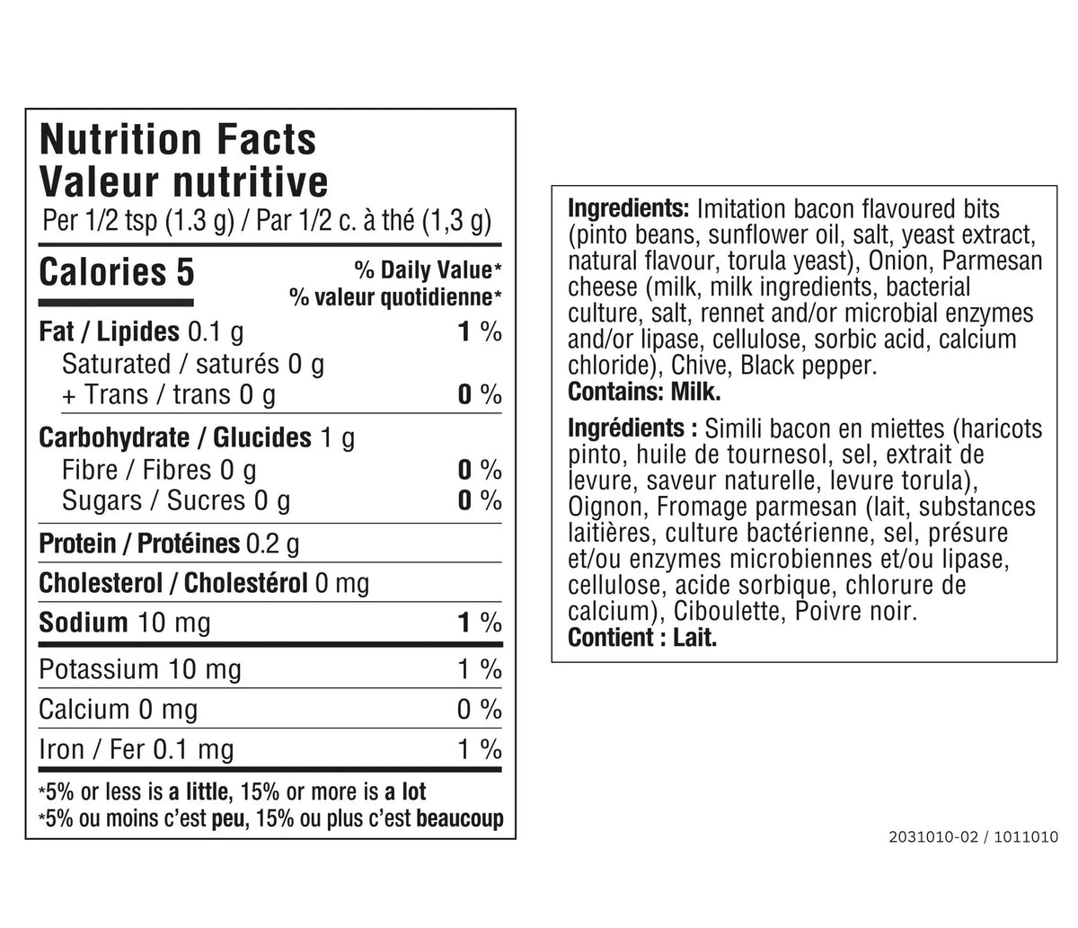 Nutrition facts for CCB Dip Mix Epicure 