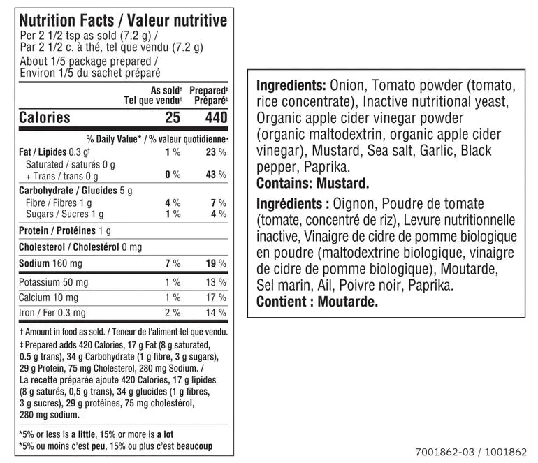 Nutrition facts for Cheeseburger Pasta Seasoning Epicure 