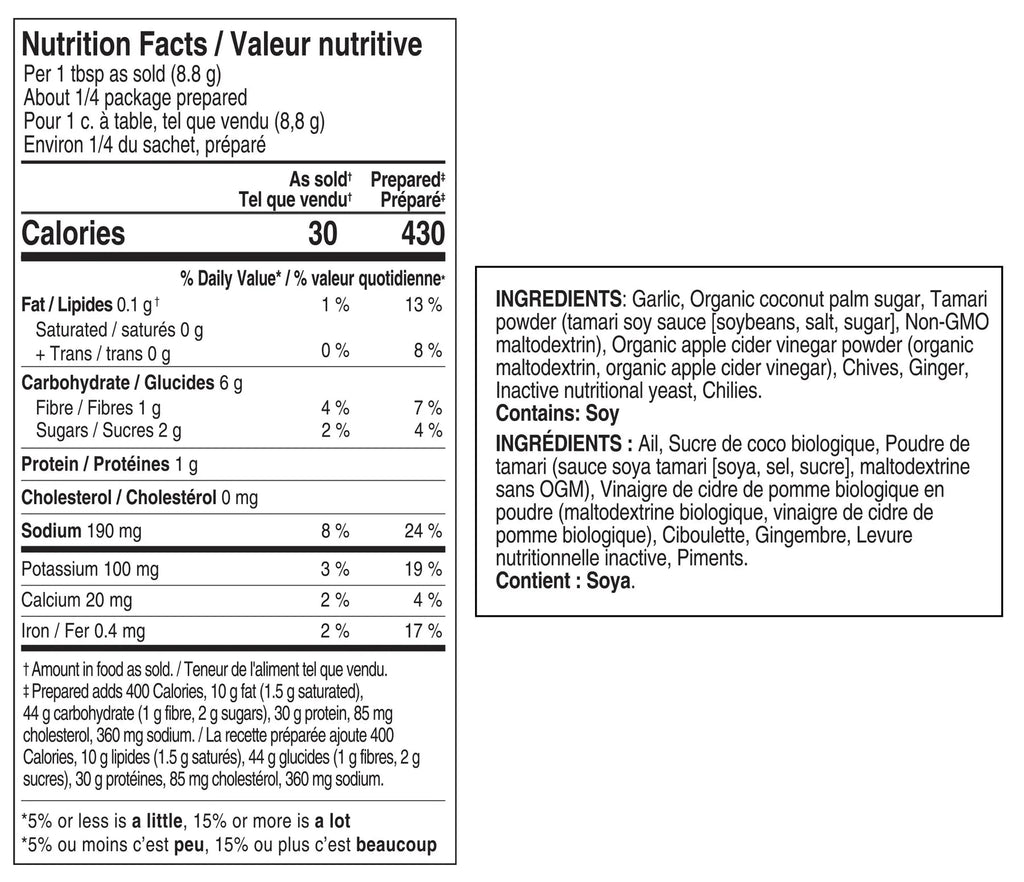 Nutrition facts for Chicken Fried Rice Seasoning Meal Solution Epicure 