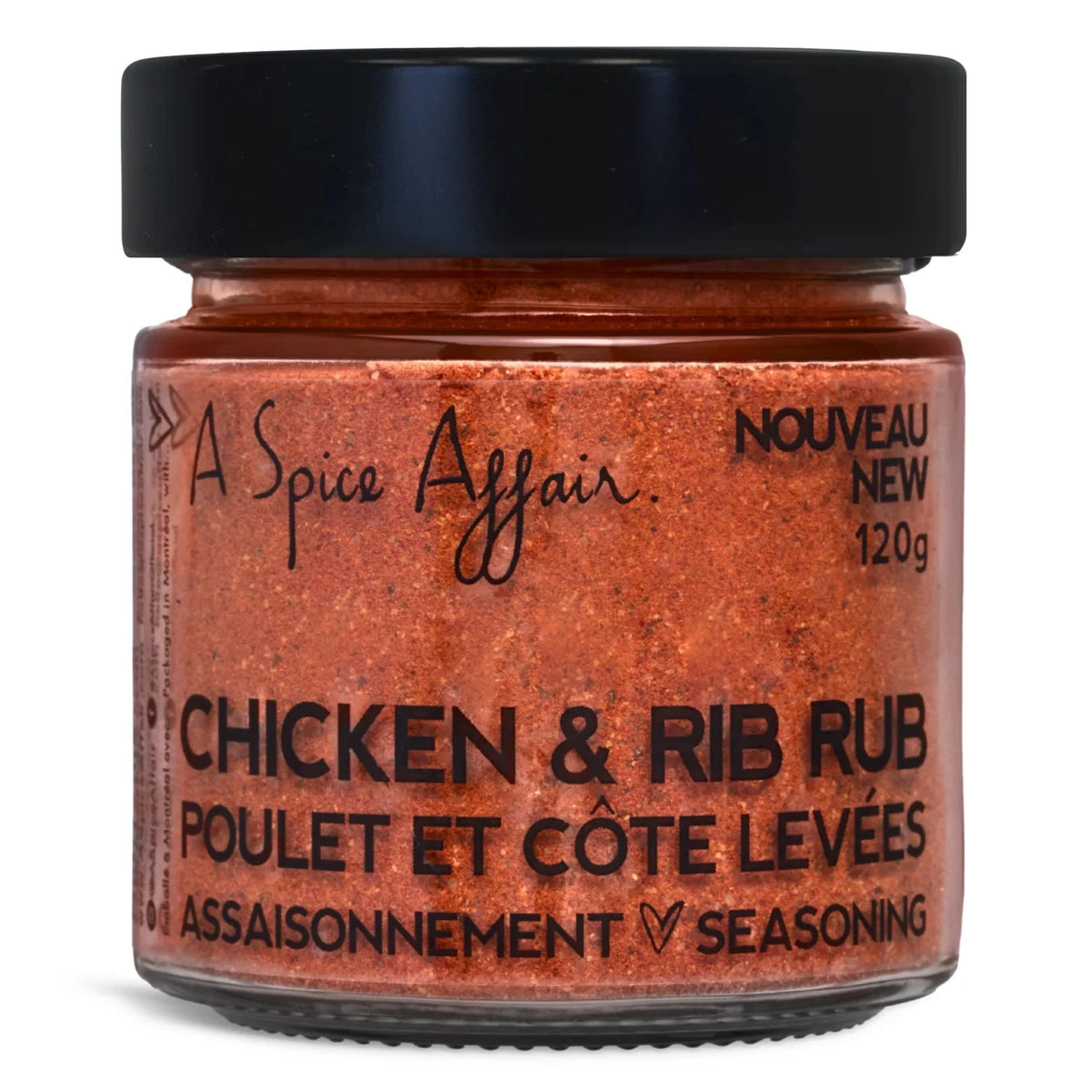 120 gm jar of 'Chicken & Rib Rub' seasoning by A Spice Affair on a white background