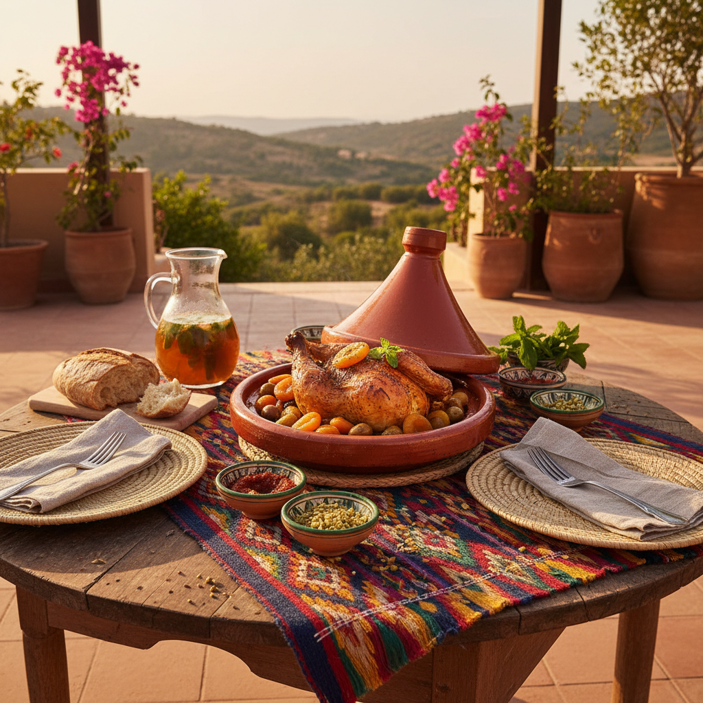 A rustic outdoor dining table set with a whole roasted chicken in a terracotta tagine pot, a glass pitcher of tea, bread, small bowls of dips and greens, and woven place settings, all arranged on a colorful patterned runner against a warm sunset landscape background.