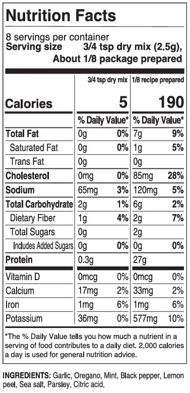Nutrition facts for Epicure Chicken Souvlaki Seasoning