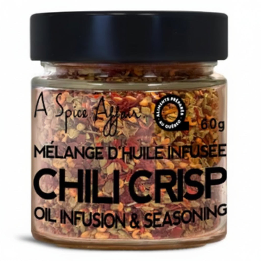 60 gm Jar of 'Chili Crisp' seasoning with visible spices and brand label on a white background