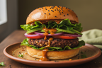 A close-up of a veggie burger with a sesame seed bun, fresh lettuce, red onion, tomato, and a textured plant-based patty, topped with a glossy orange-brown sauce, served on a terracotta plate on a wooden table.