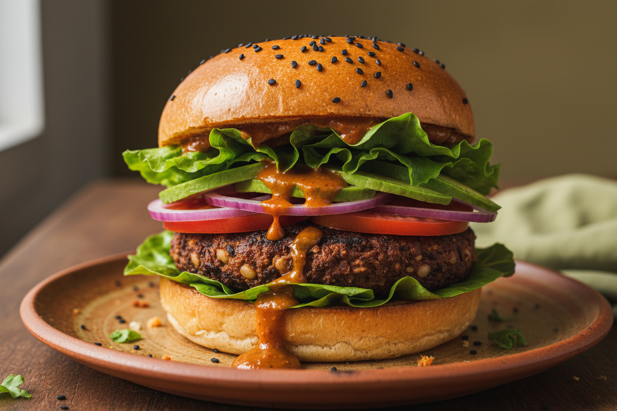 A close-up of a veggie burger with a sesame seed bun, fresh lettuce, red onion, tomato, and a textured plant-based patty, topped with a glossy orange-brown sauce, served on a terracotta plate on a wooden table.