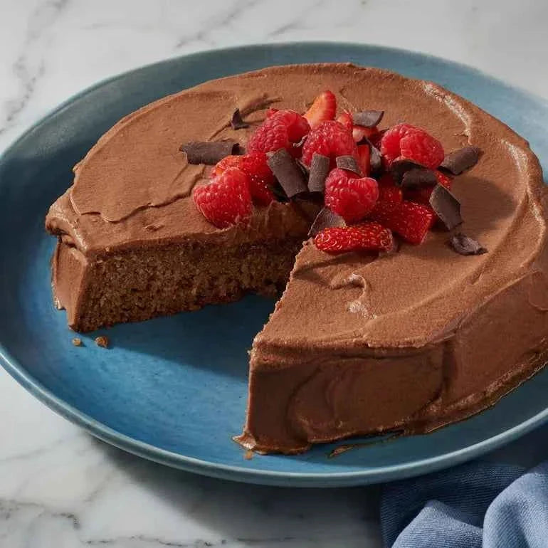 Chocolate Caramel Macchiato Dessert frozen dessert with berries on a blue plate