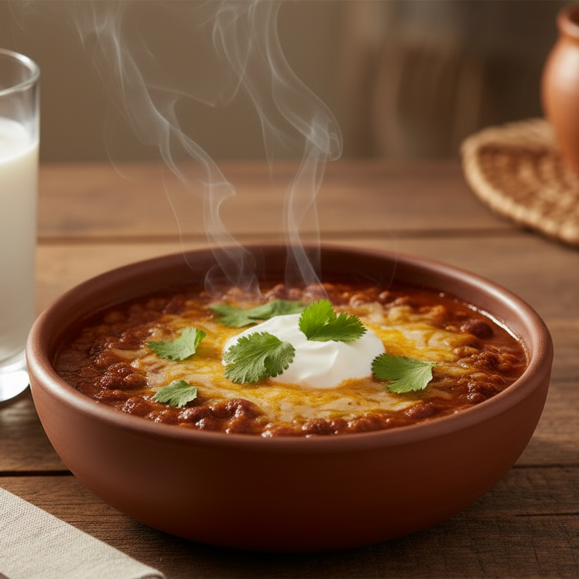 A bowl of hot chili with cheese, sour cream, and cilantro garnish sits on a wooden table next to a glass of milk, with steam rising from the chili.