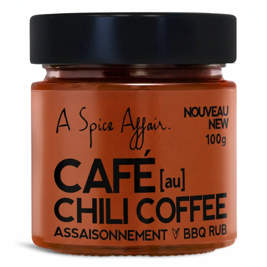 100 gm jar of Coffee Chili BBQ Rub by A Spice Affair with black lid on a white background