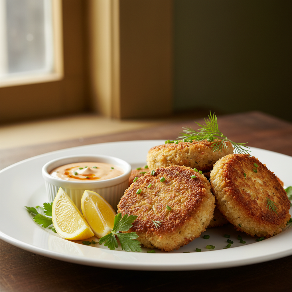 Four golden-brown pan-fried crab cakes on a white plate, garnished with fresh dill and chives, served with lemon wedges and a small white ramekin of tartar sauce, set on a wooden table near a window.