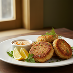 Four golden-brown pan-fried crab cakes on a white plate, garnished with fresh dill and chives, served with lemon wedges and a small white ramekin of tartar sauce, set on a wooden table near a window.