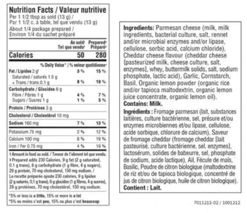 Nutrition facts for Creamy Pesto Parmesan Chicken Skillet Sauce Mix Epicure 