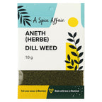 Package of dill weed by 'A Spice Affair' with branding and product details.