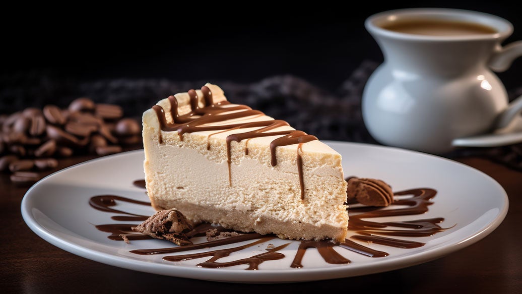 A slice of creamy Dulce de Leche cheesecake with chocolate drizzle on a white plate, set on a dark table with coffee beans and a cup of coffee in the background.