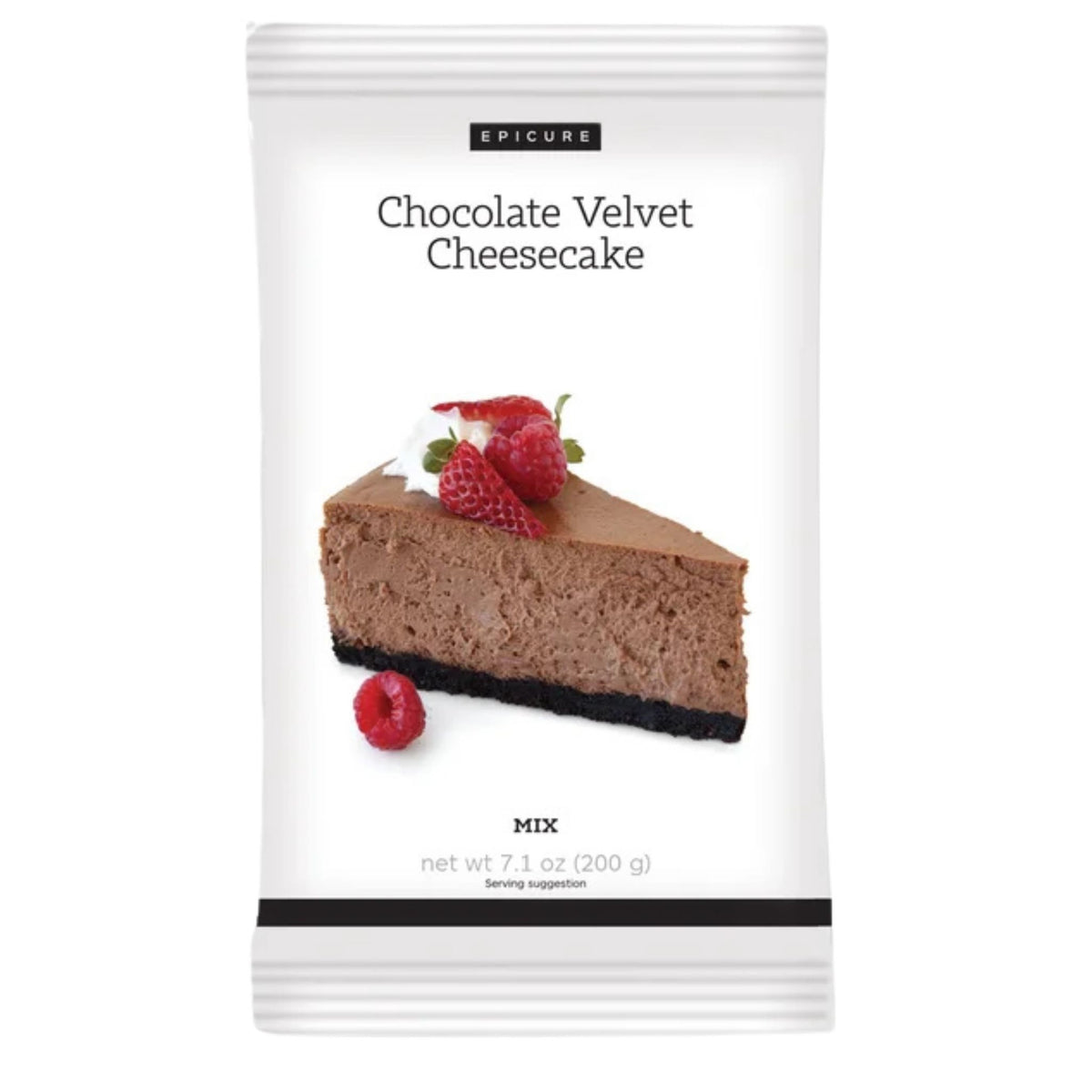 A single-serving packet of Epicure Chocolate Velvet Cheesecake Mix, featuring a photo of a slice of cheesecake with strawberries on a white background.