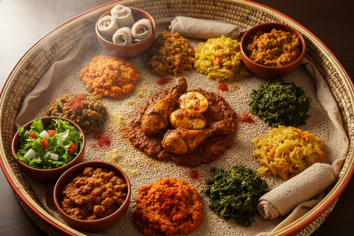 A large woven tray filled with an Ethiopian-style meal on a white injera cloth, featuring a central chicken and potato dish in red sauce, surrounded by side salads, yellow and green vegetables, and rolled flatbreads.