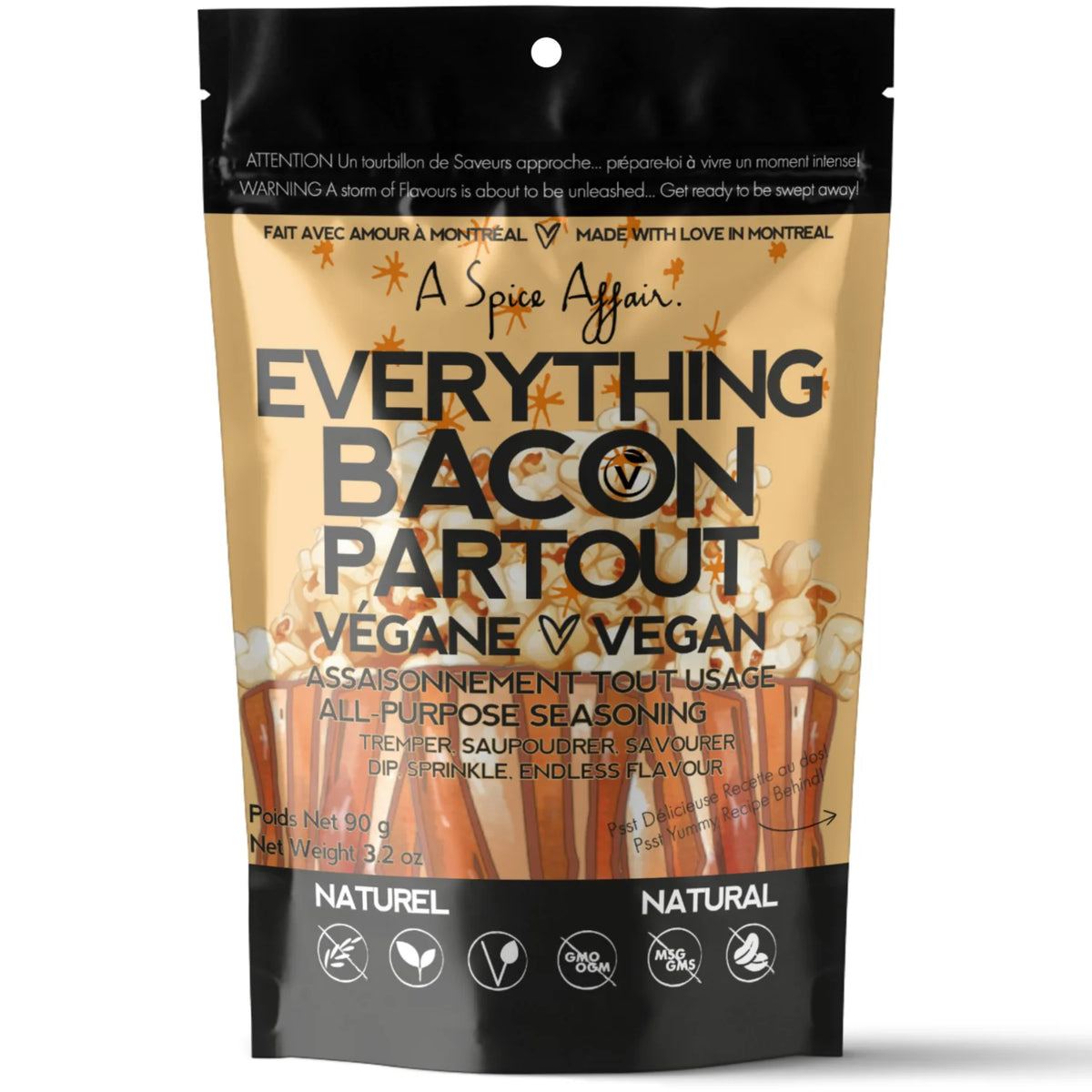 A 90g bag of A Spice Affair Everything Bacon Partout Vegan Seasoning, featuring a black and beige design with orange-brown bacon strips pictured on the front.