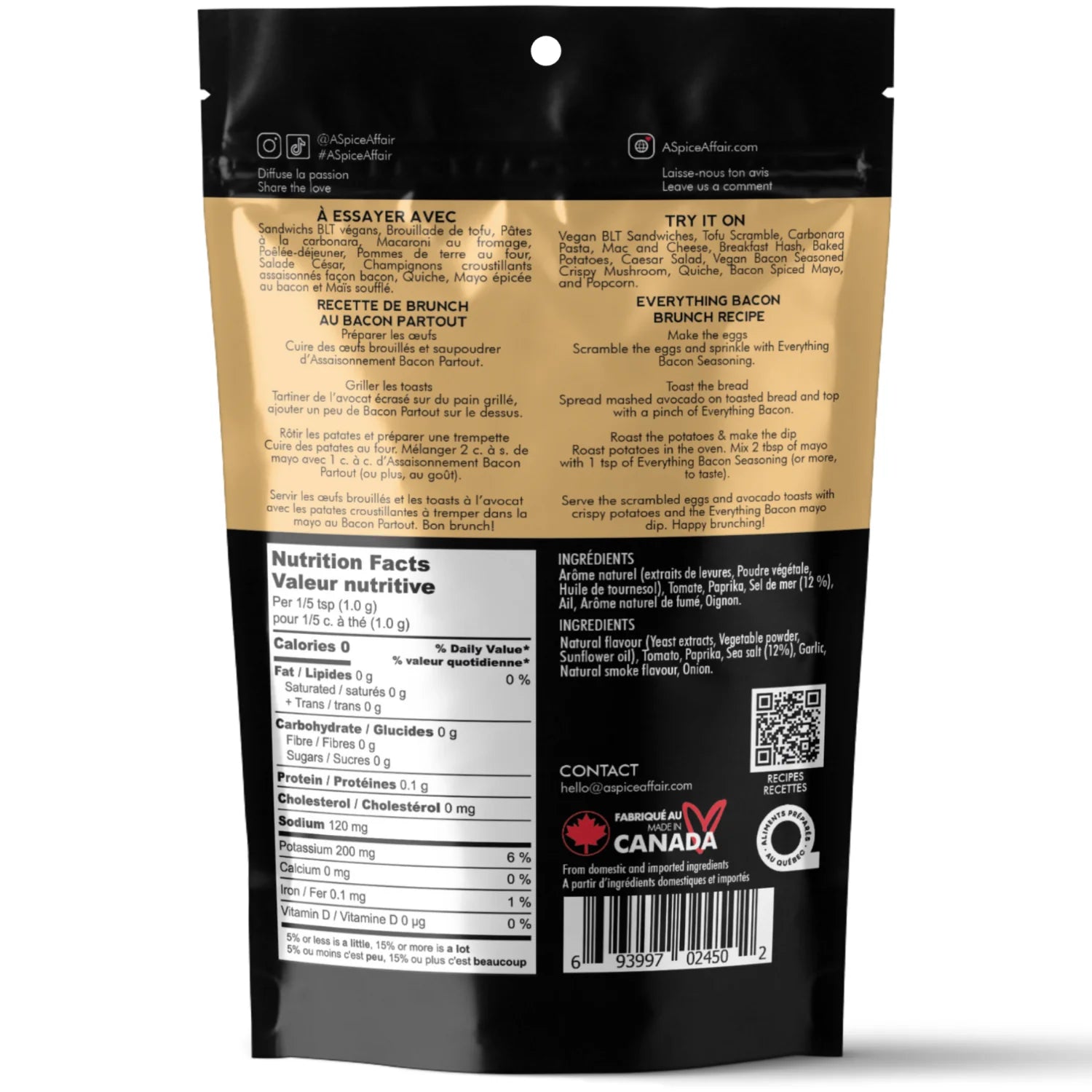 Back view of a black and gold bag of Everything Bacon by A Spice Affair, showing nutrition facts, ingredients, and contact information.