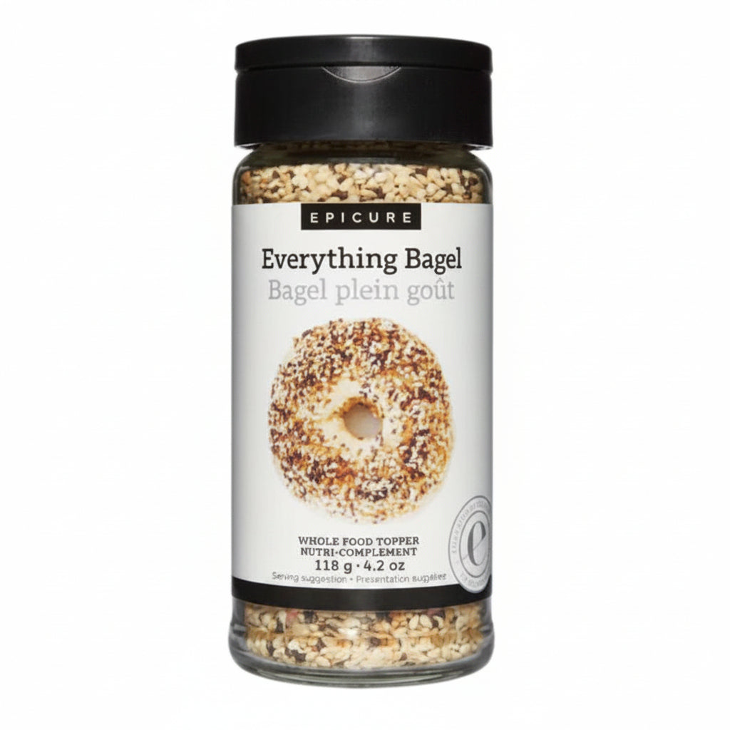 A 118 gm jar of EPICURE Everything Bagel whole food topper with a black lid and a white label featuring a bagel illustration, on a white background.