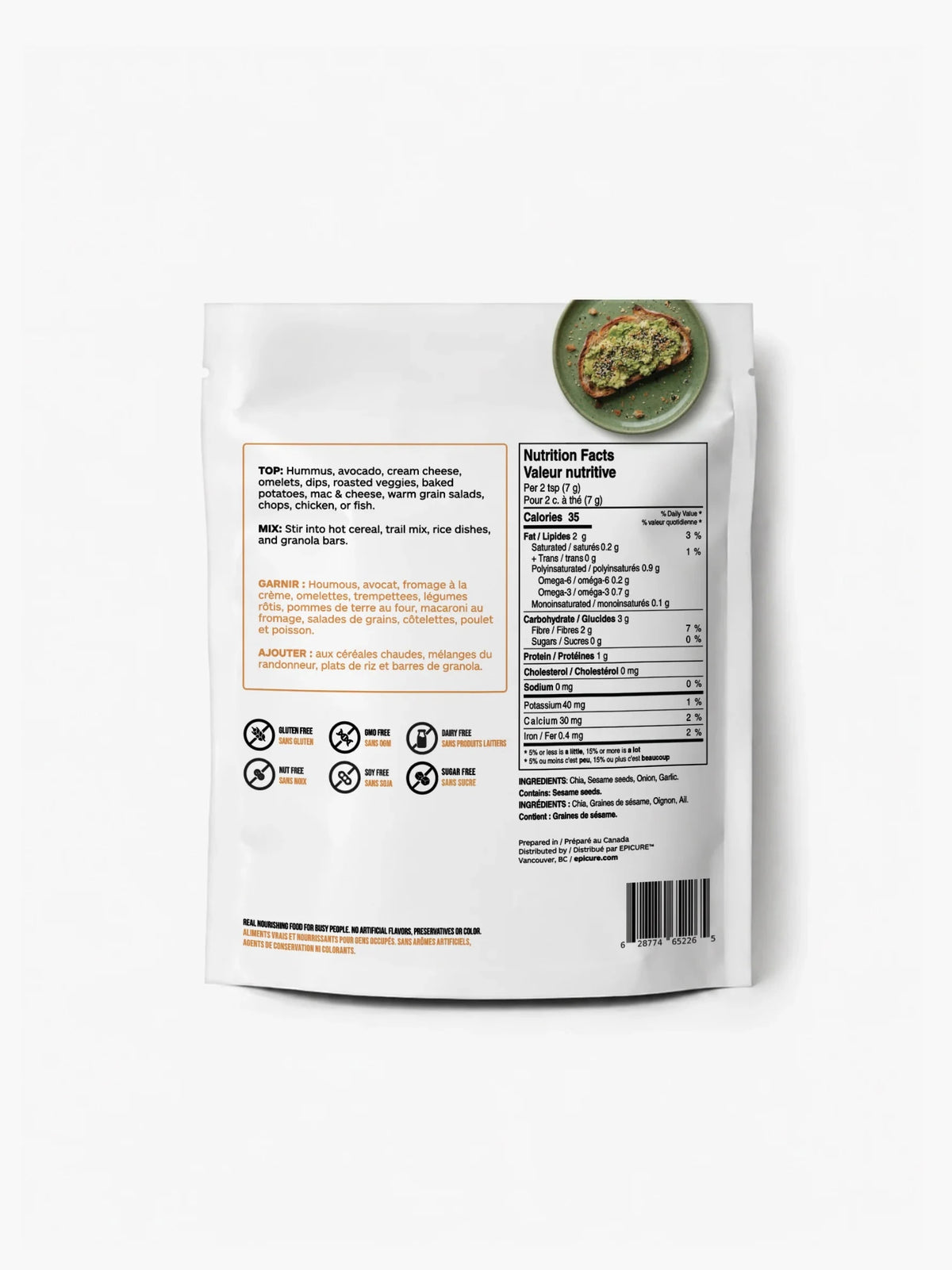 Instructions and nutrition facts for Everything Bagel Whole Food Topper Epicure 