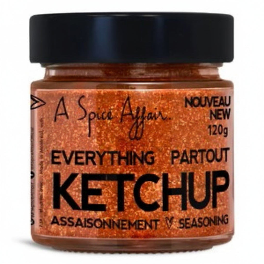 120 gm Jar of 'Everything Ketchup' seasoning with black lid on a white background