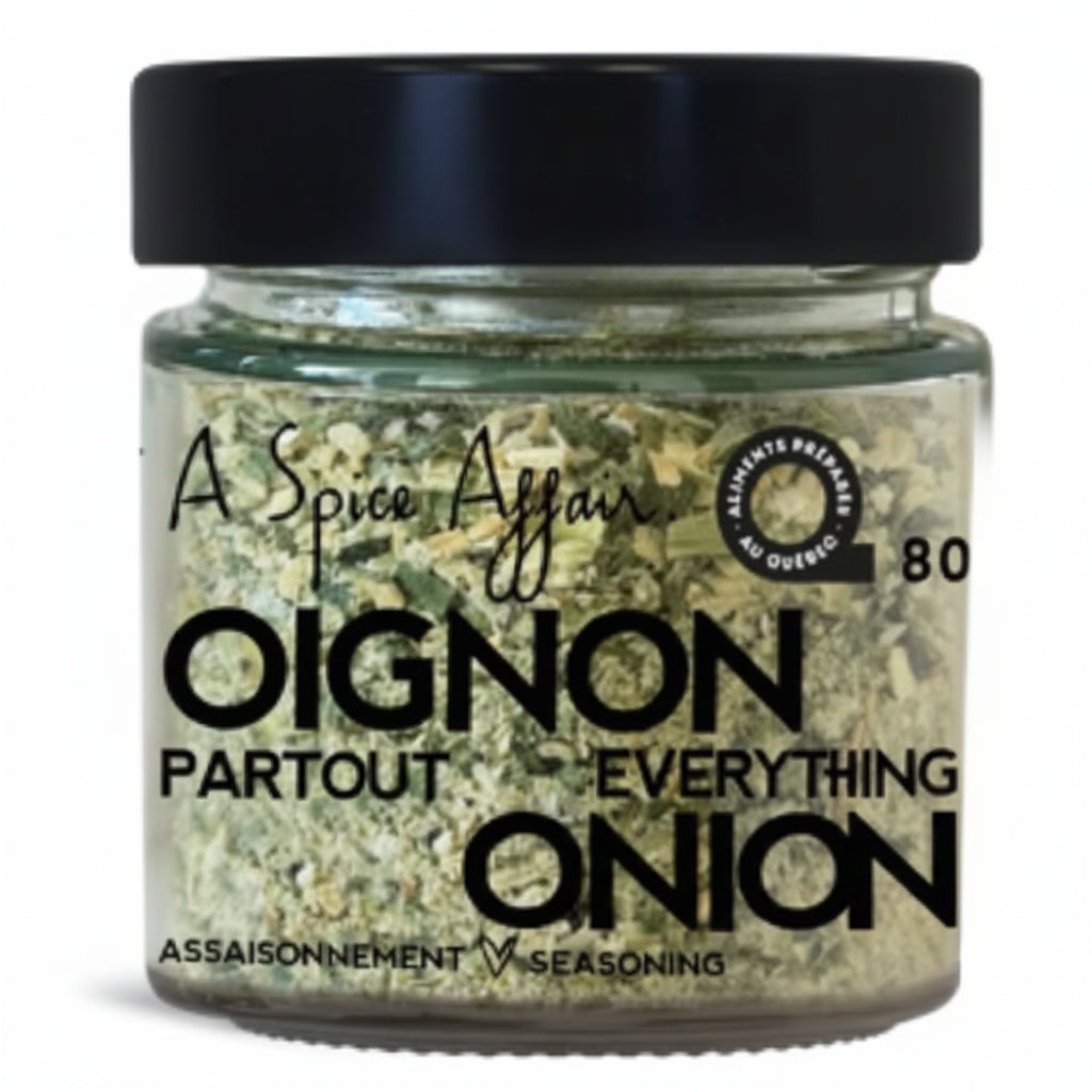 80 gm jar of seasoning labeled 'Everything Onion' with a black lid on a white background.