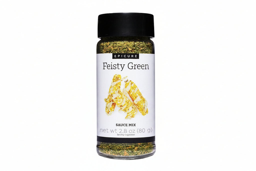 Epicure Feisty Green sauce mix jar on a white background