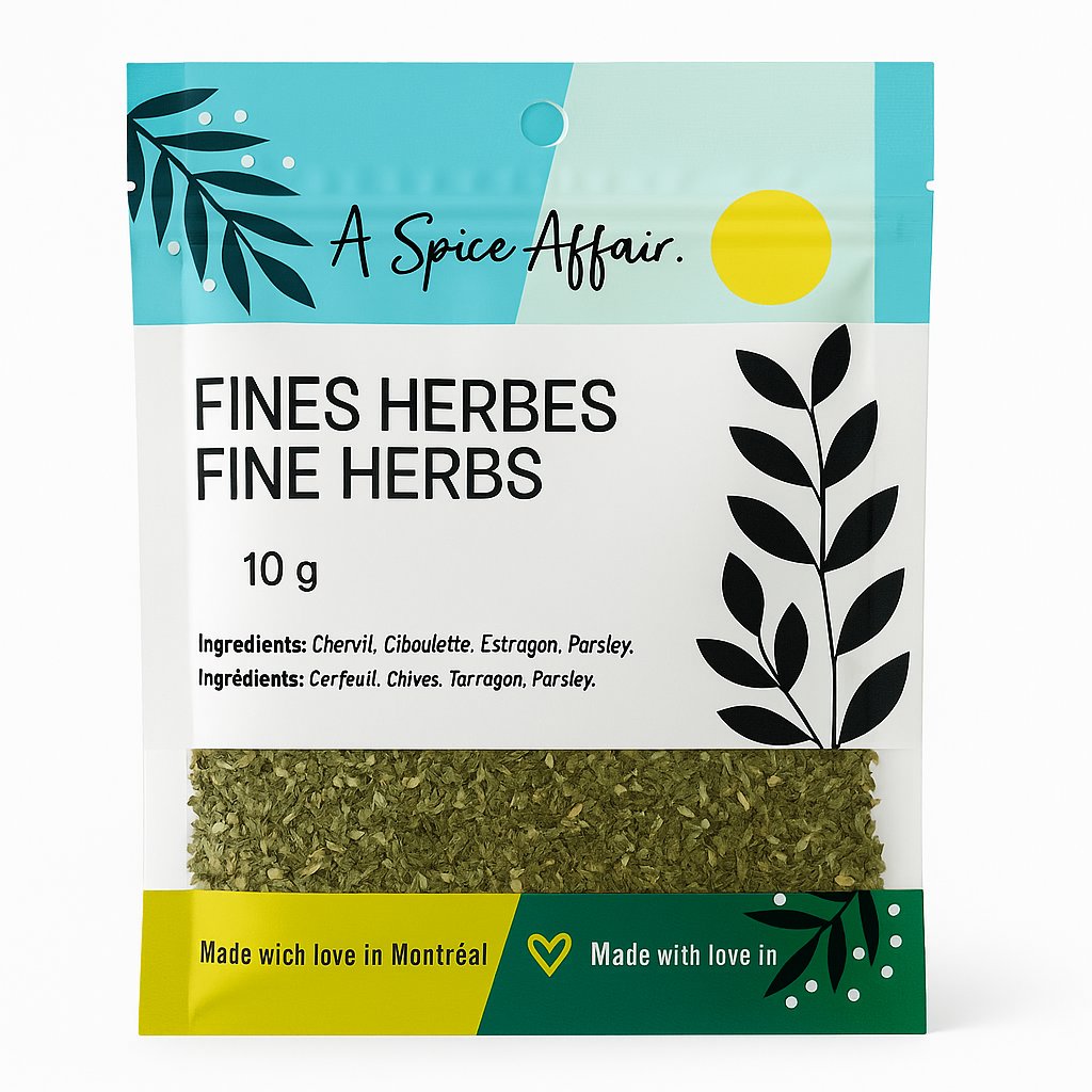 A package of A Spice Affair Fine Herbs Blend against a white background