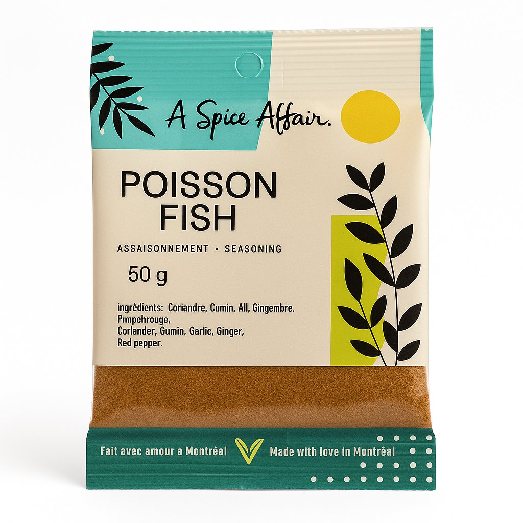 A package of A Spice Affair Fish Seasoning against a white background