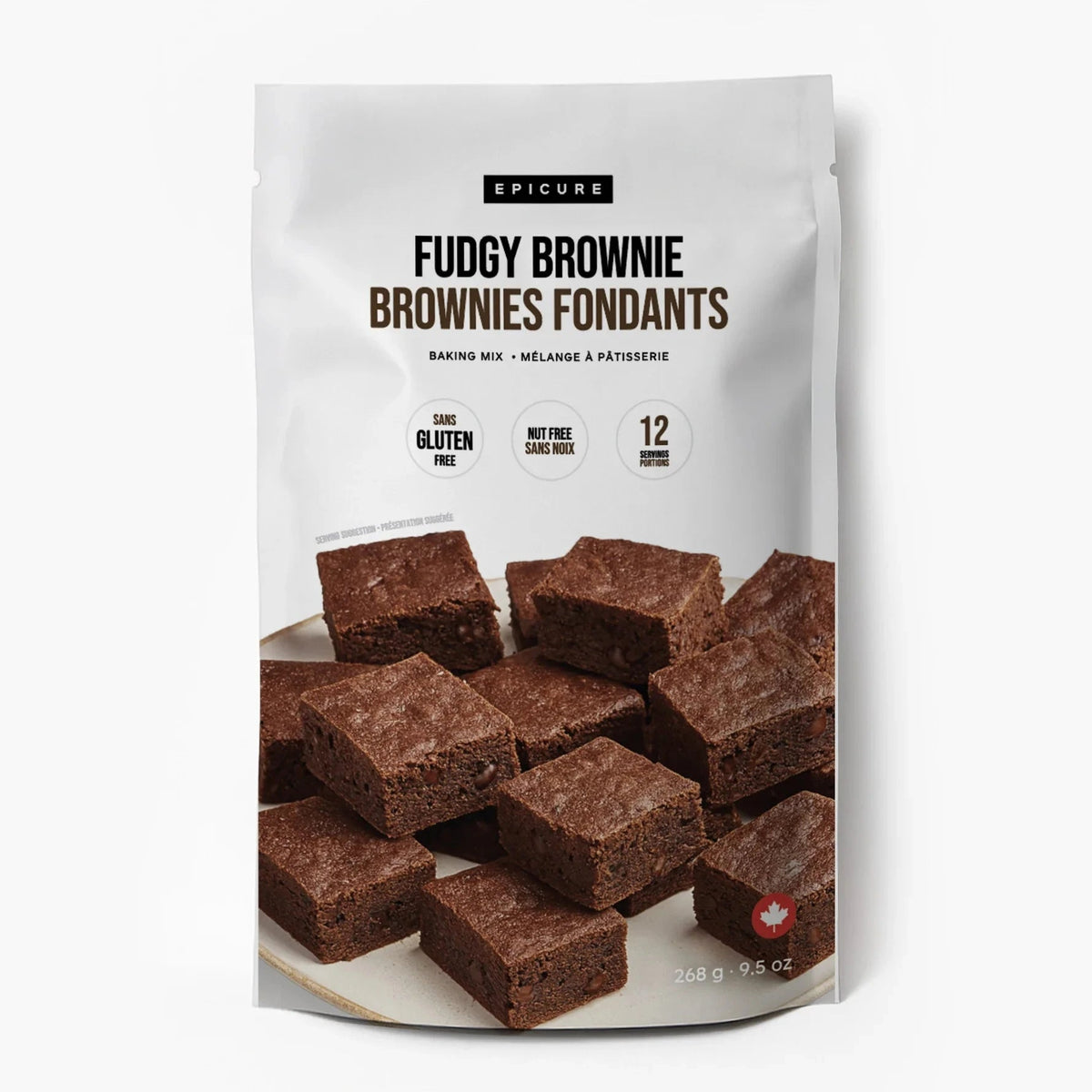 A package of Epicure Fudgy Brownie Brownies Fondants baking mix, featuring a white stand-up pouch with brownie photos on the front, set against a light gray background.