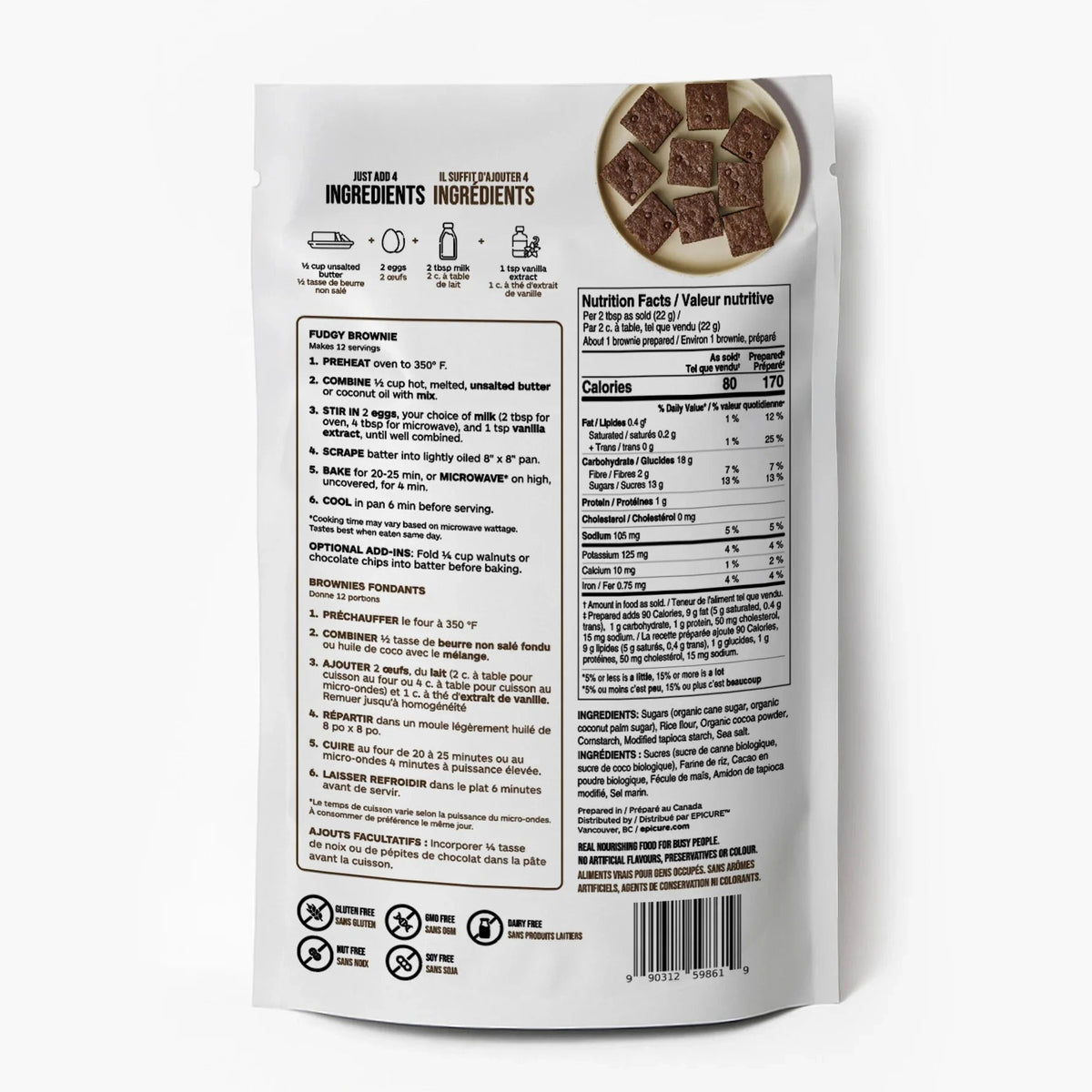 Back view of a Epicure Fudgy Brownie Mix with  package with nutritional information on a white background